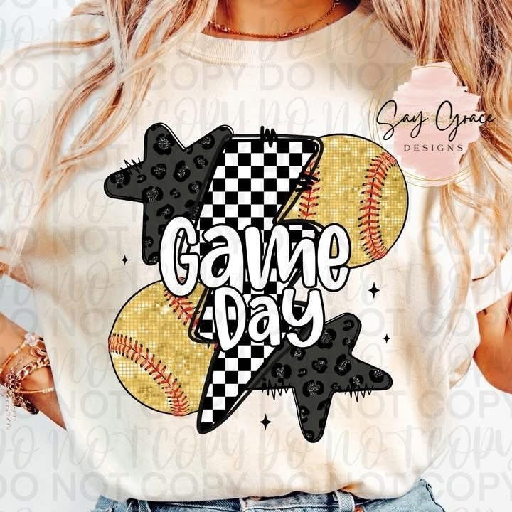 Game Day Baseball Checkered Lightning Bolt