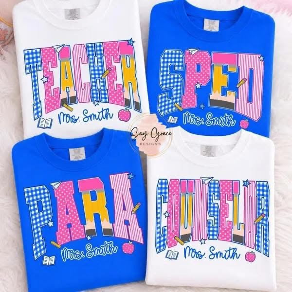 Teacher/SPED/Para/Counselor Blue Gingham/Pink Personalized