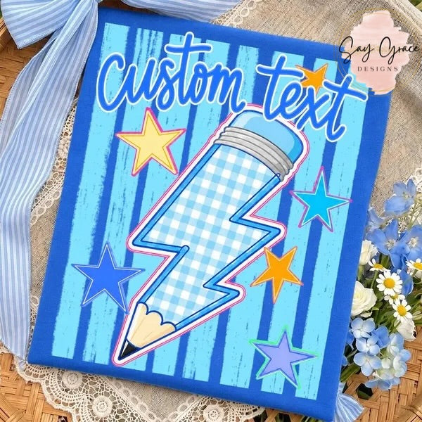 Blue Gingham Lightning Bolt Stripe Personalized