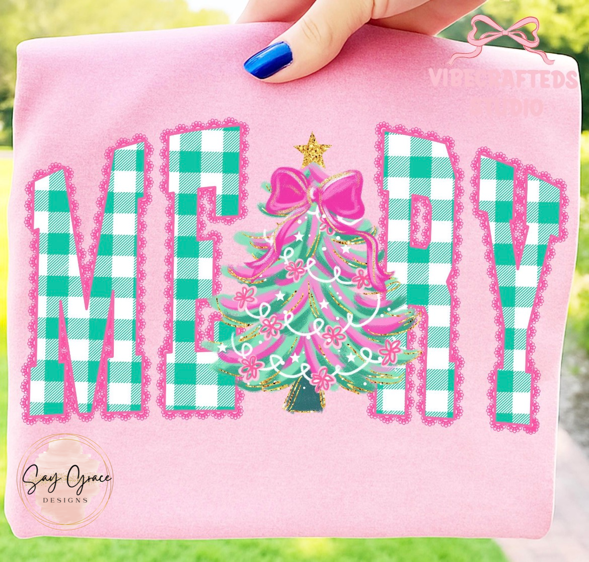 Merry Teal Gingham with Pink Lace