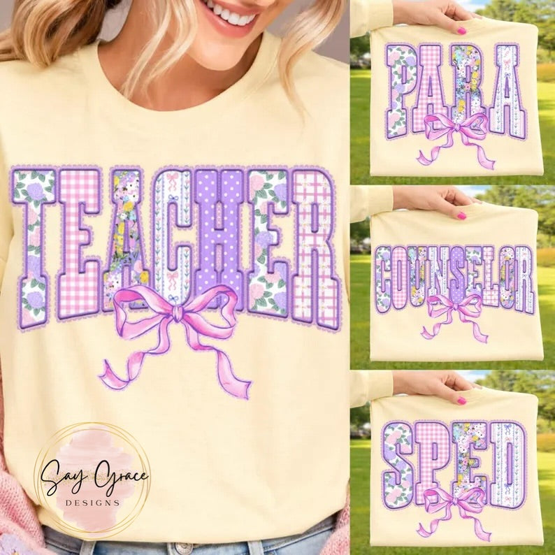 SPED/Para/Teacher/Counselor Purple Gingham/Pattern with Bow