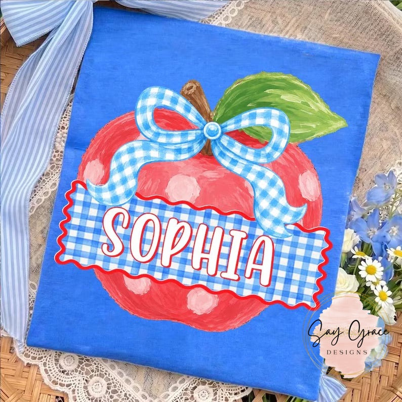 Apple with Blue Gingham Bow Custom