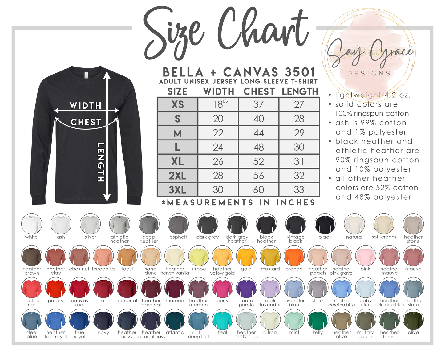 Bella Canvas Adult Long Sleeve Color/Size Chart