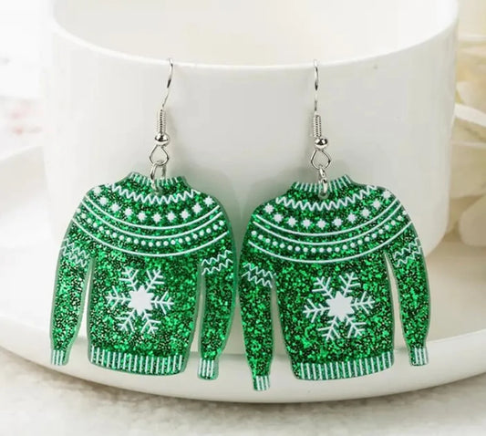Green Christmas Sweater Acrylic Earrings