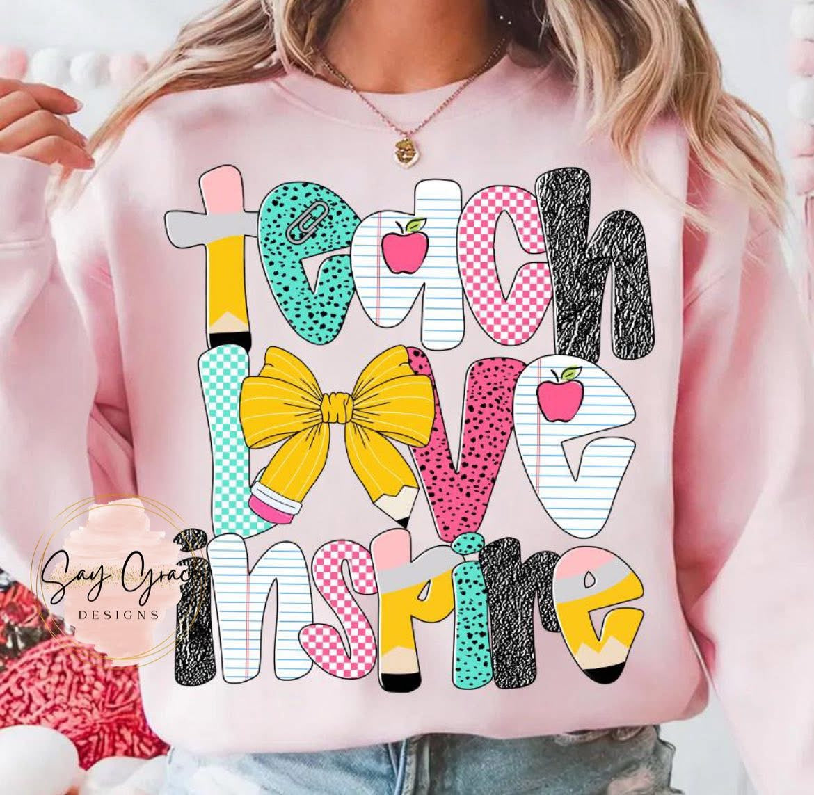 Preppy Doodle Pencil Bow Teach Love Inspire