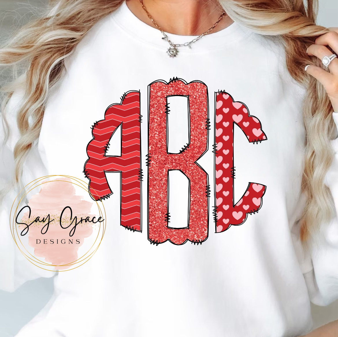 Stripes Glitter Hearts Valentine’s Day Monogram