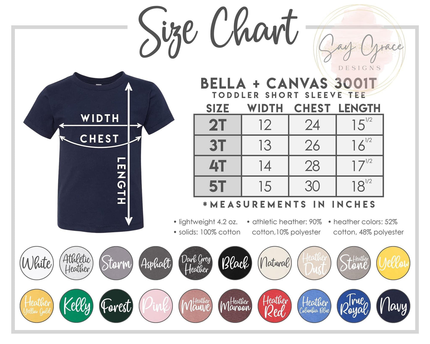 Bella Canvas Toddler Color/Size Chart