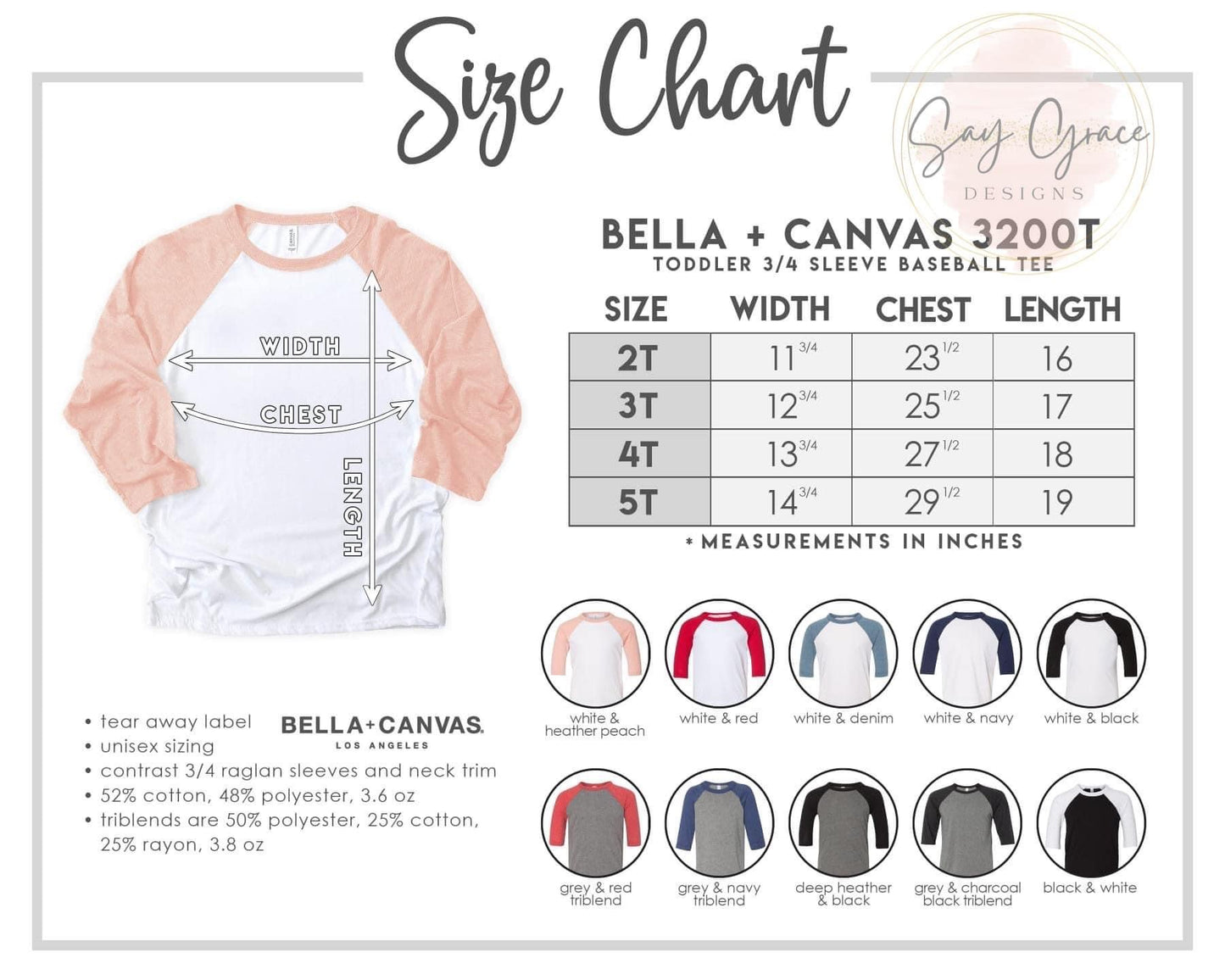 Bella Canvas Toddler Raglan Color/Size Chart