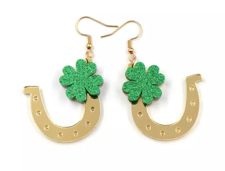 Shamrock Gold Horseshoe Acrylic Earrings