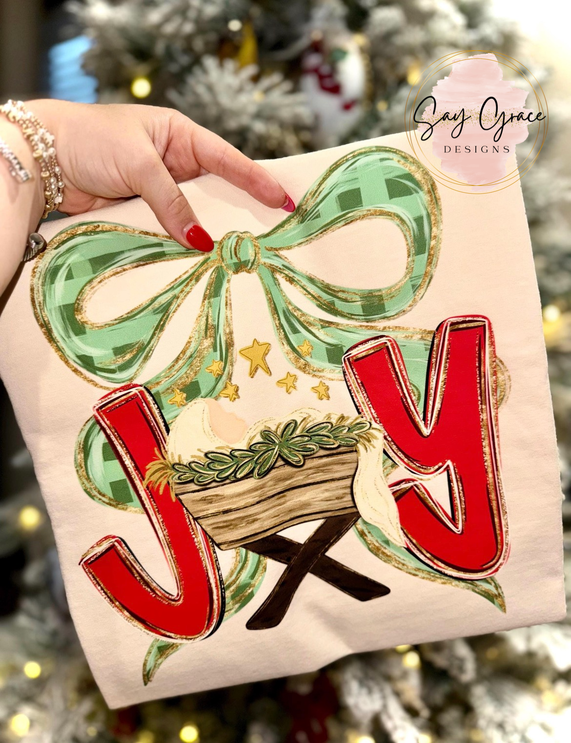 Joy with Manger Green Bow