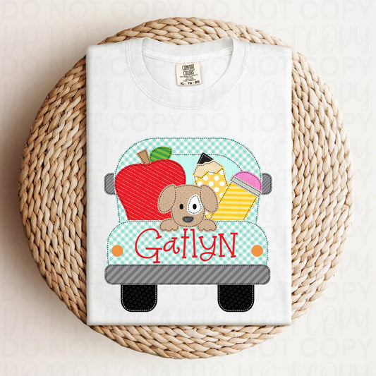 Blue Truck Puppy Faux Applique Personalized