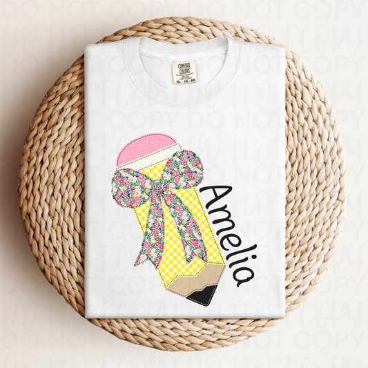Pencil Bow Faux Applique Personalized