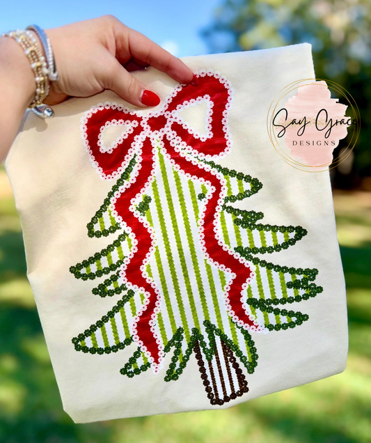 Christmas Tree Seersucker with Red Lace Bow