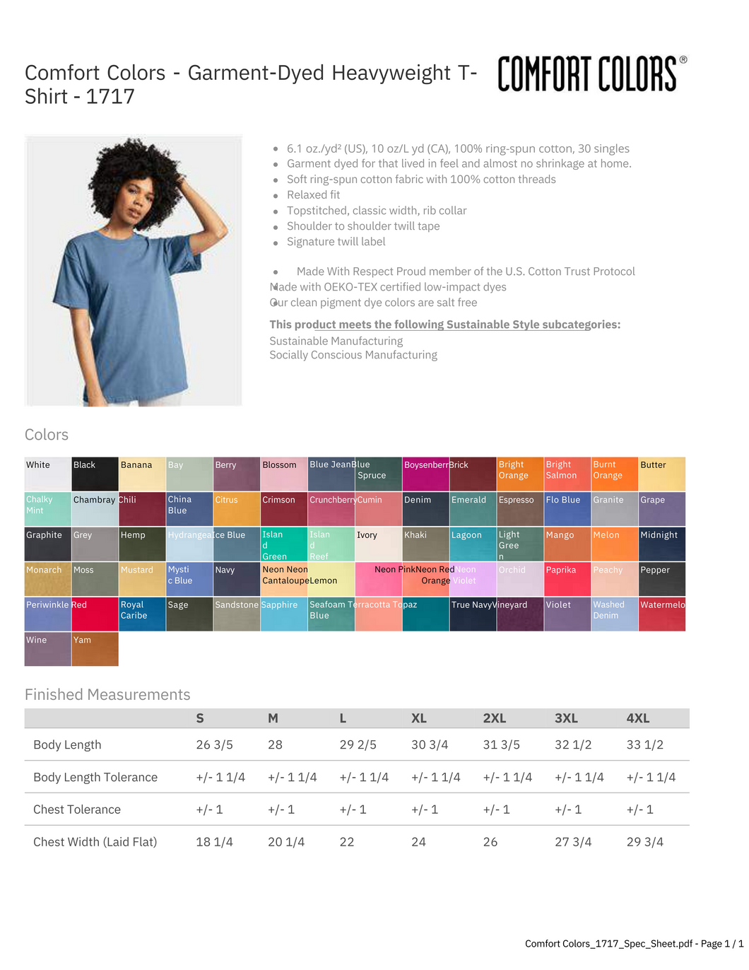 Comfort Colors  Adult Color/Size Chart