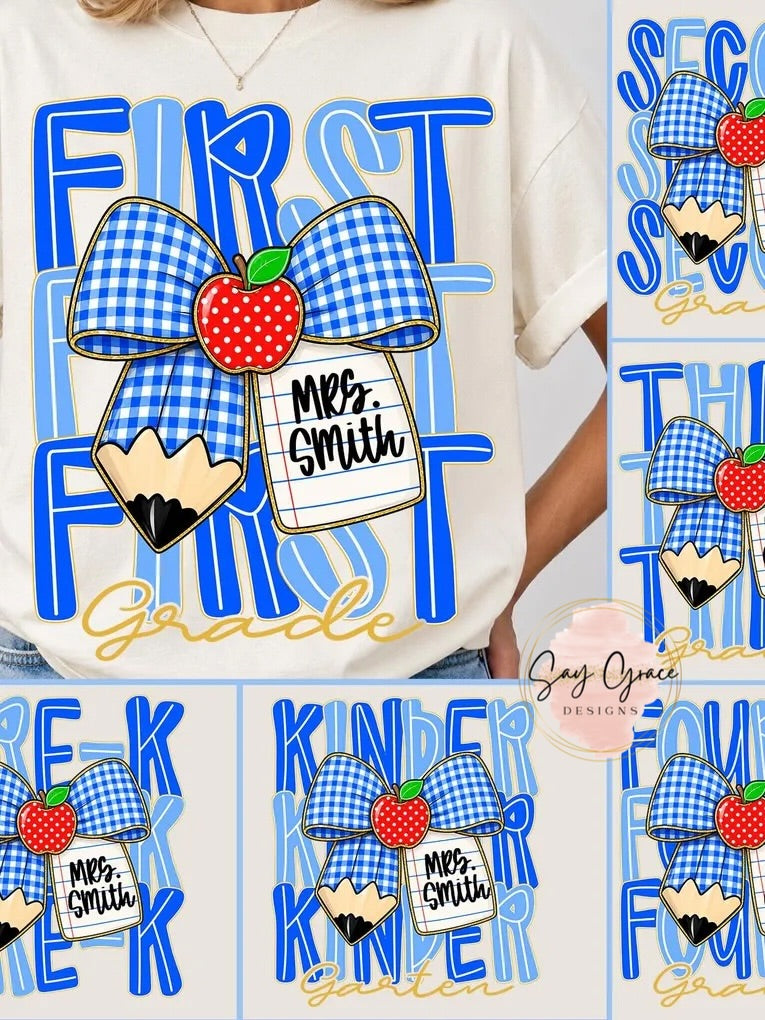 Grade Level Blue Gingham Bow Personalized
