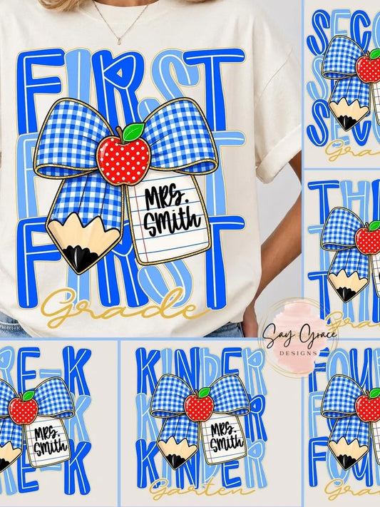 Grade Level Blue Gingham Bow Personalized