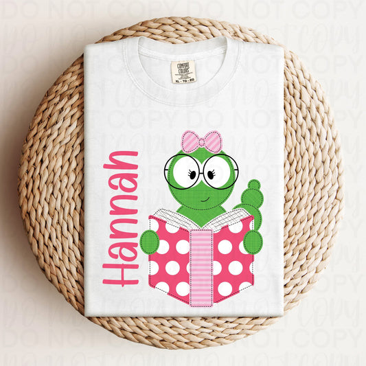 Book Worm Bow Faux Applique Personalized