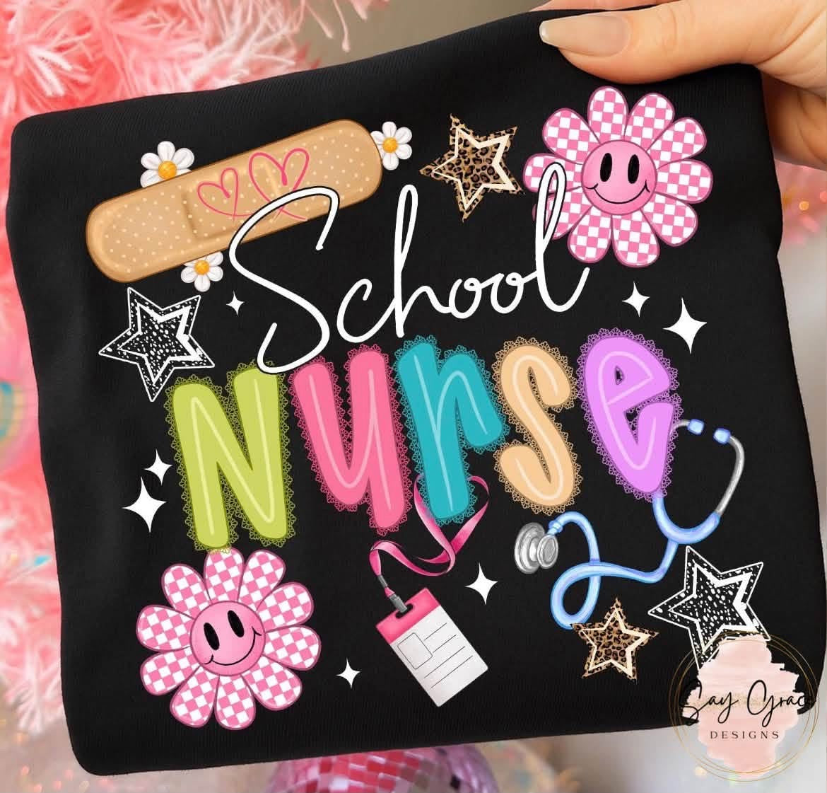 School Nurse White Script and Colorful Letters