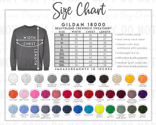 Gildan Adult Sweatshirt Color/Size Chart