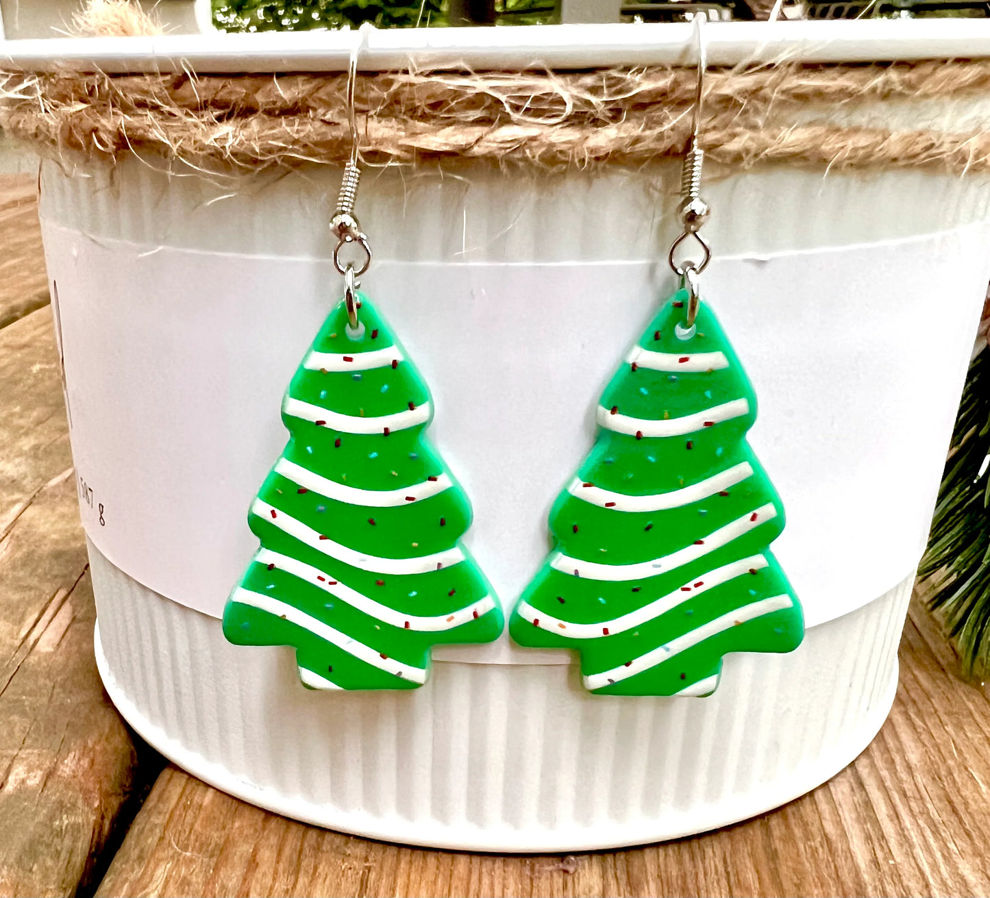 Green White Striped Christmas Tree Acrylic Earrings