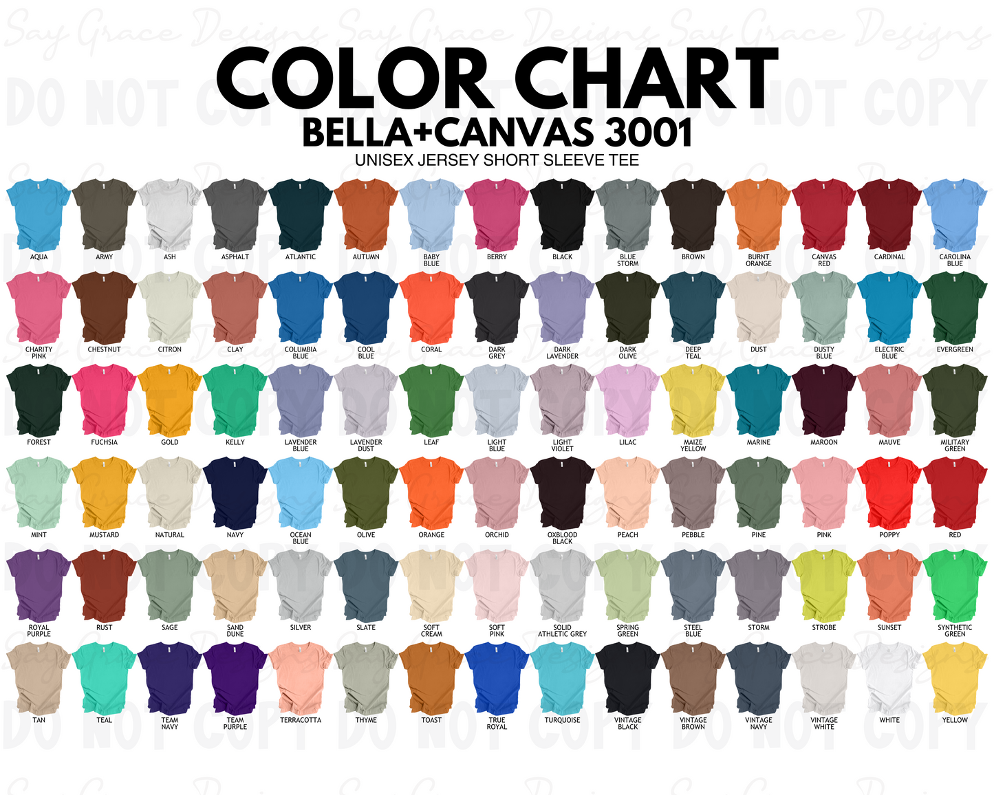 Bella Canvas Adult Jersey Color/Size Chart