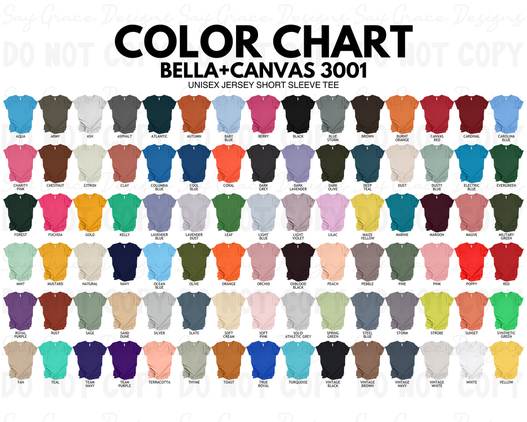 Bella Canvas Adult Jersey Color/Size Chart