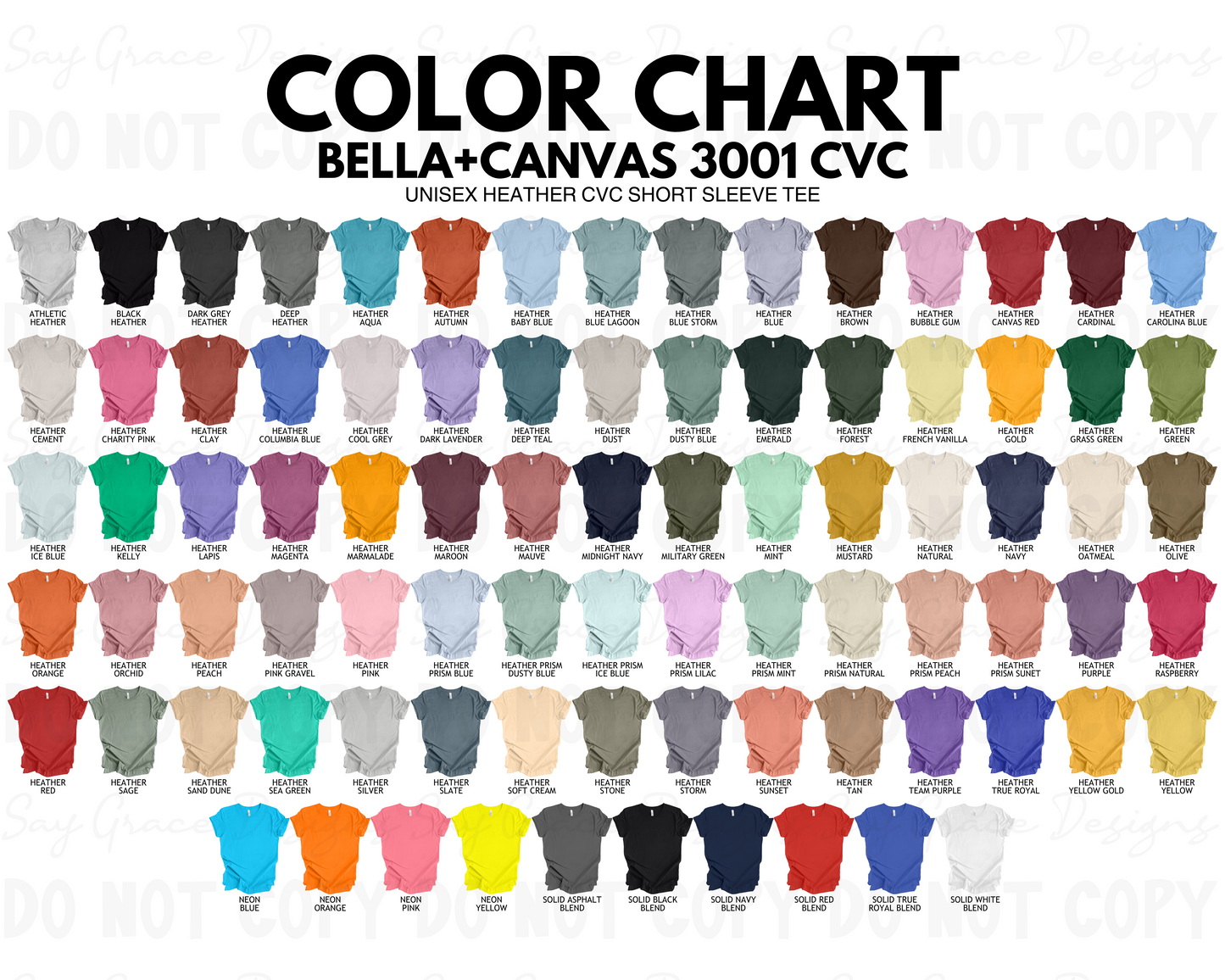 Bella Canvas Adult Heather Color/Size Chart