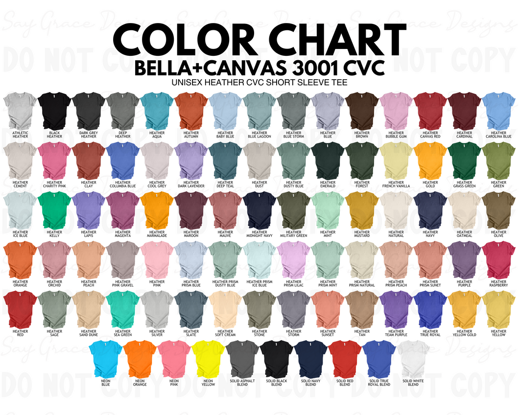 Bella Canvas Adult Heather Color/Size Chart