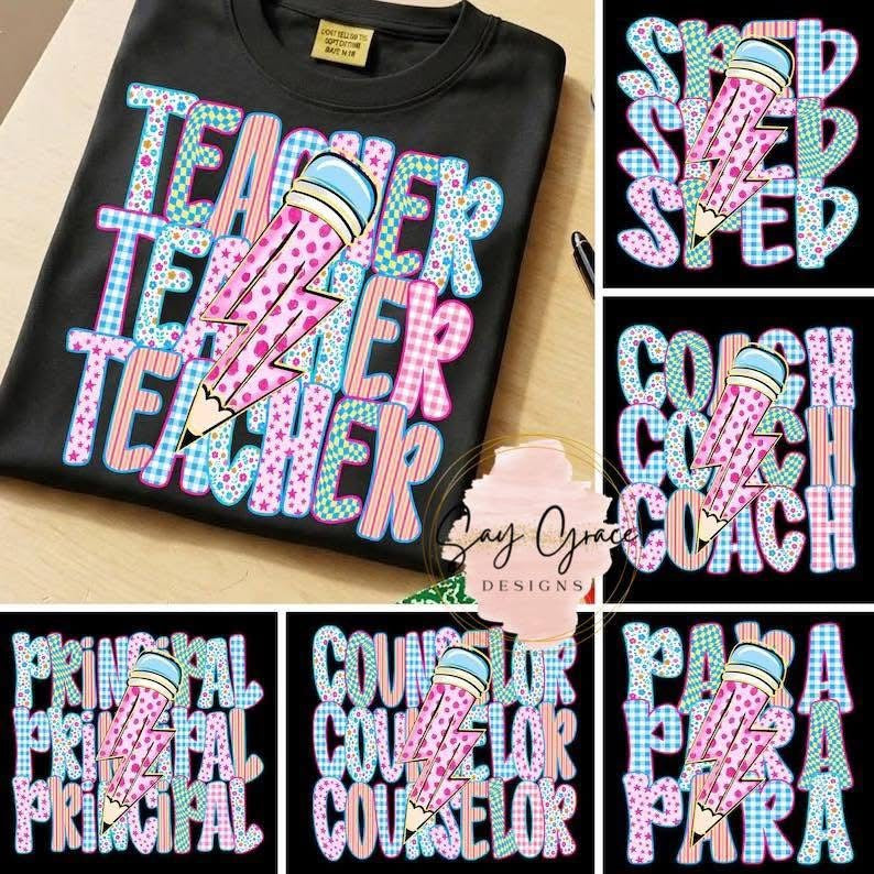 SPED/Para/Teacher/Counselor/Principal/Coach Gingham Patterns with Pink Dot Lightning Bolt Pencil