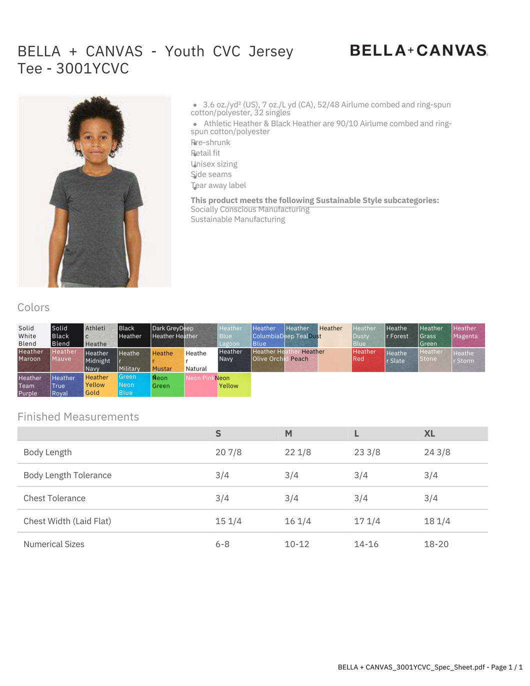 Bella Canvas Youth Color/Size Chart