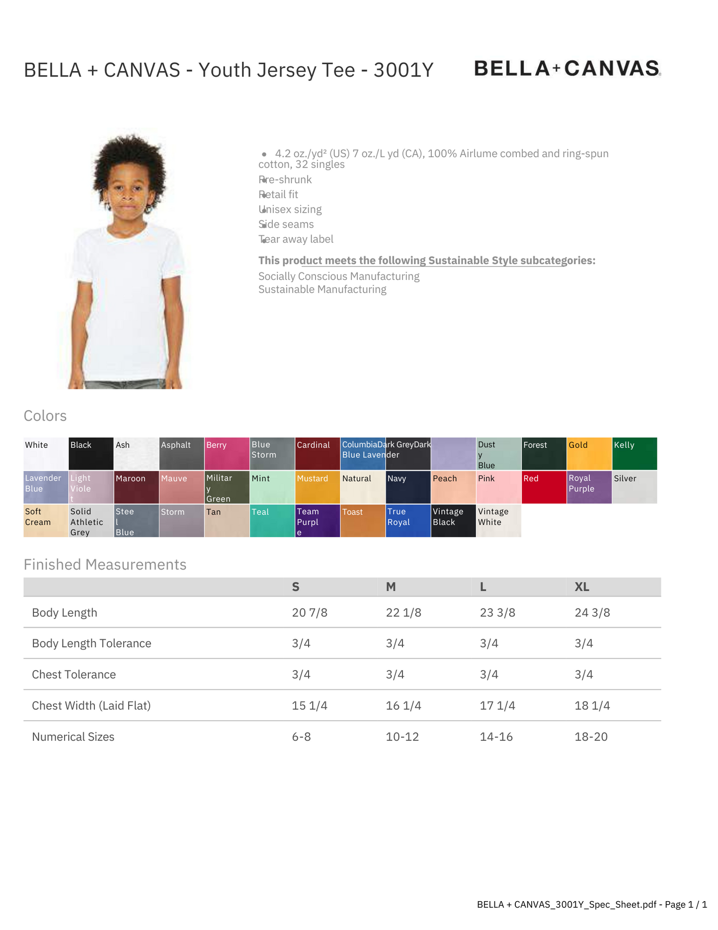 Bella Canvas Youth Color/Size Chart