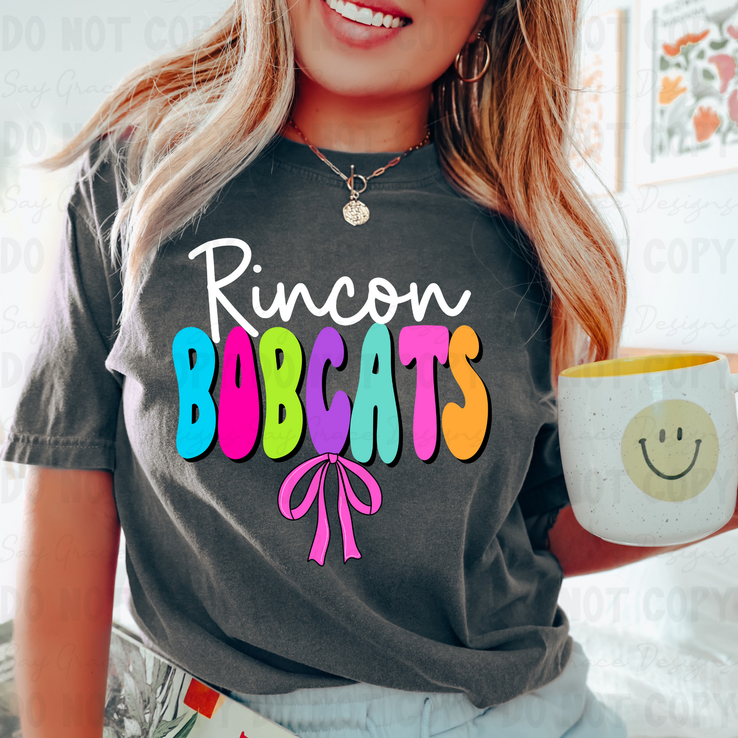 Rincon Bobcats Colorful Bubble Letters Bow