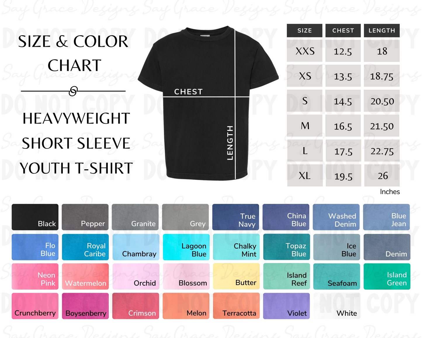 Comfort Colors Youth Color/Size Chart
