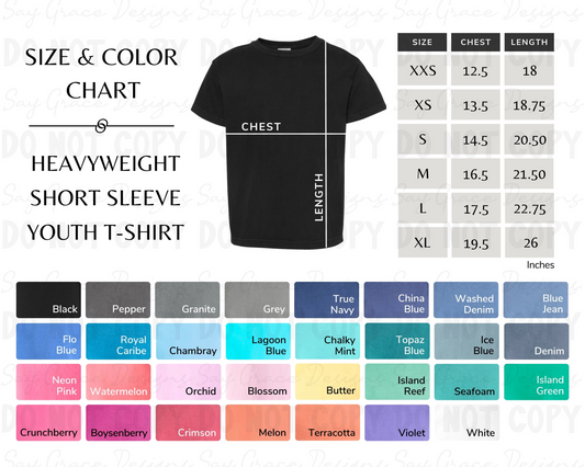 Comfort Colors Youth Color/Size Chart