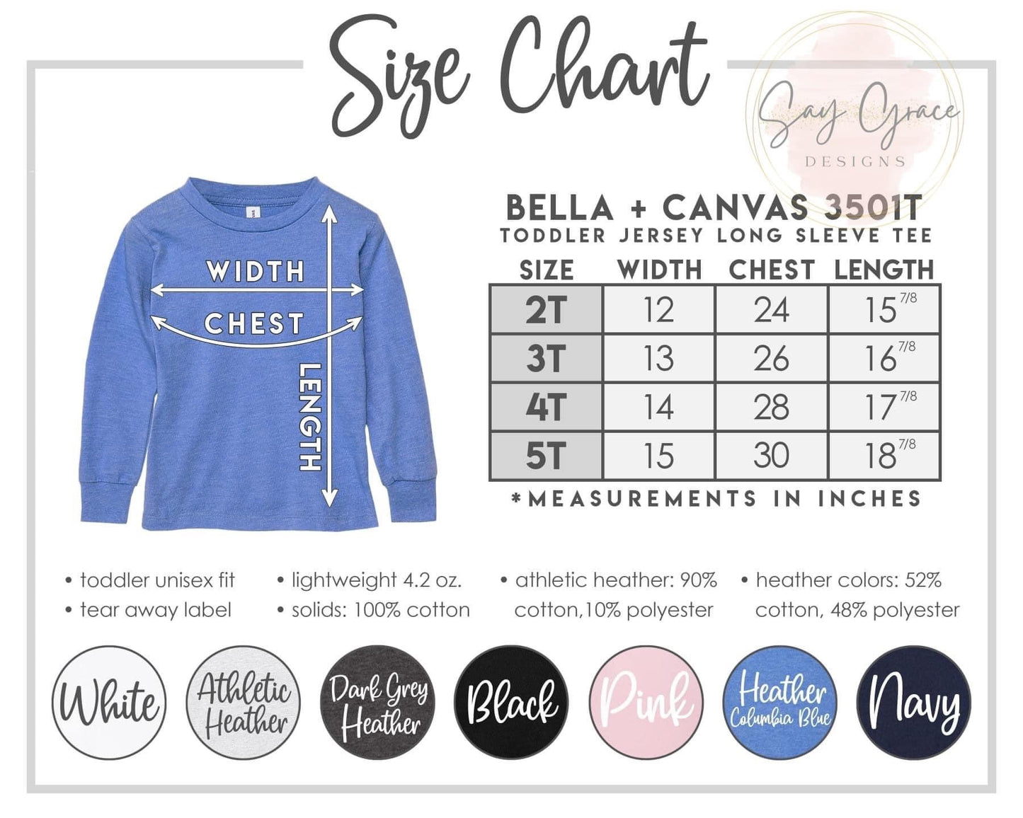 Bella Canvas Toddler Long Sleeve Color/Size Chart