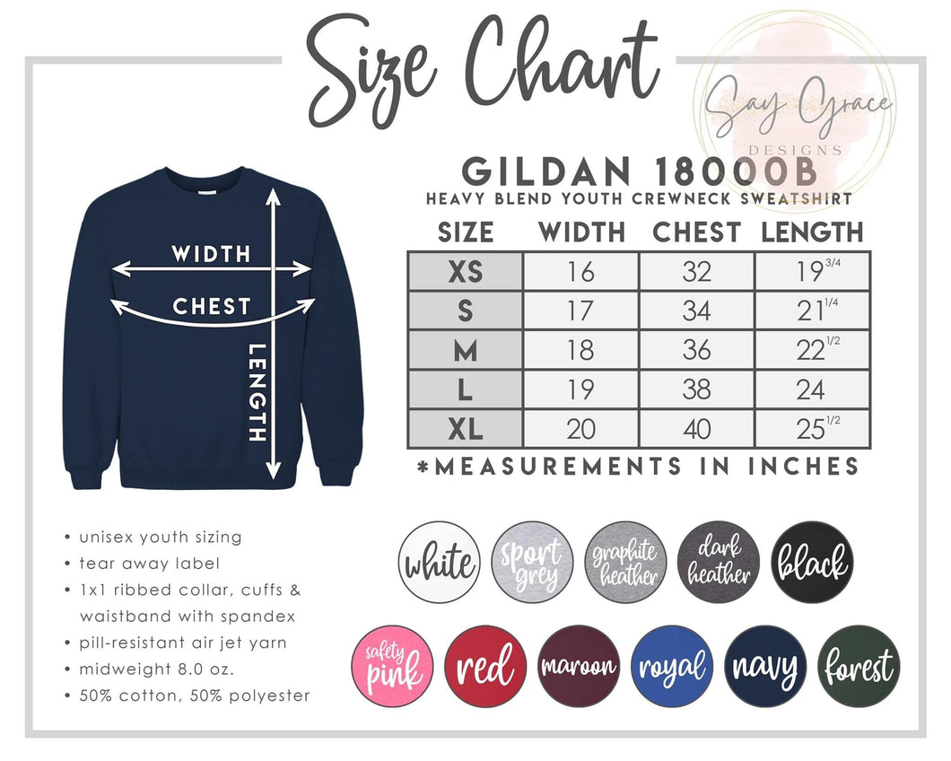 Gildan Youth Sweatshirt Color/Size Chart