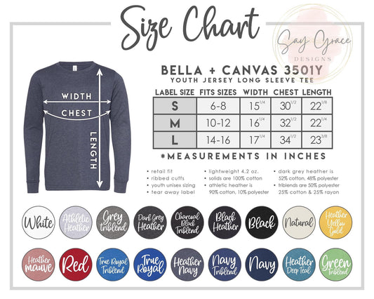 Bella Canvas Youth Long Sleeve Color/Size Chart