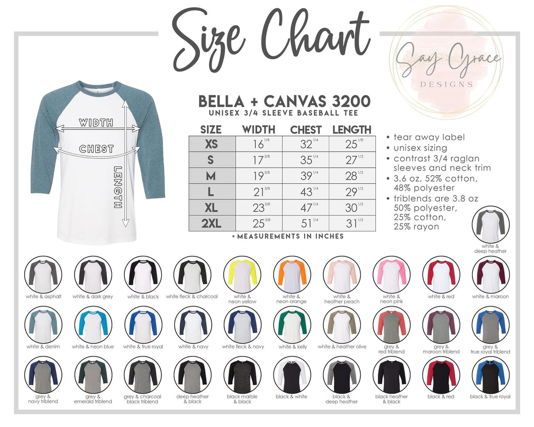 Bella Canvas Adult Raglan Color/Size Chart
