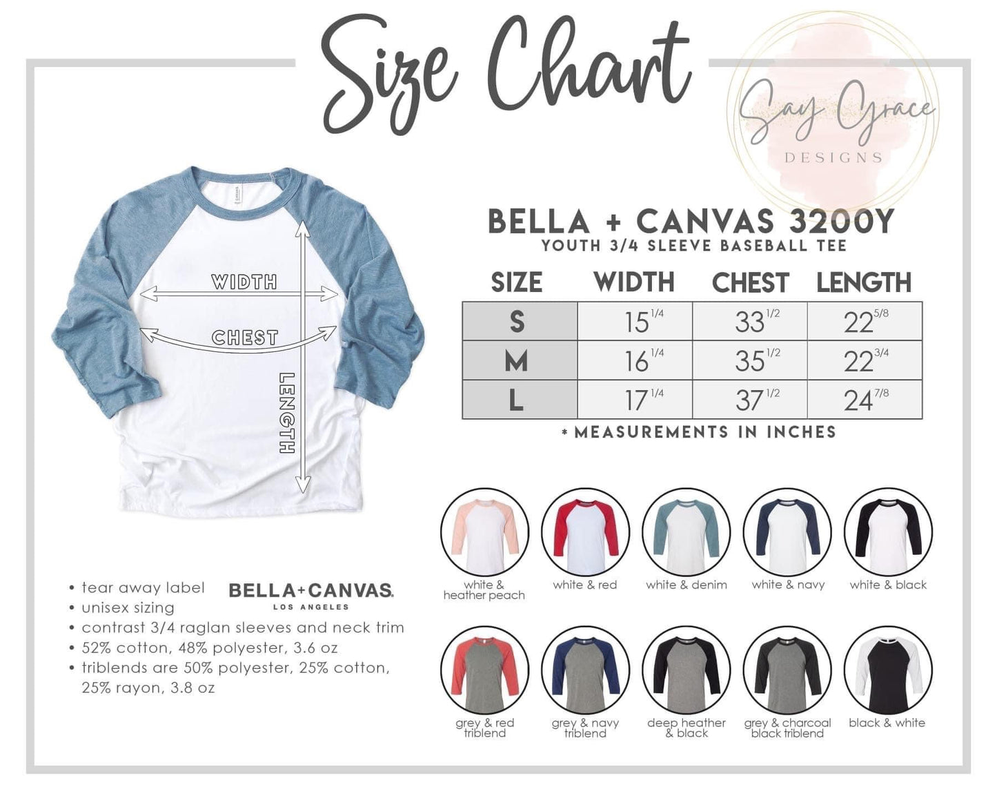 Bella Canvas Youth Raglan Color/Size Chart